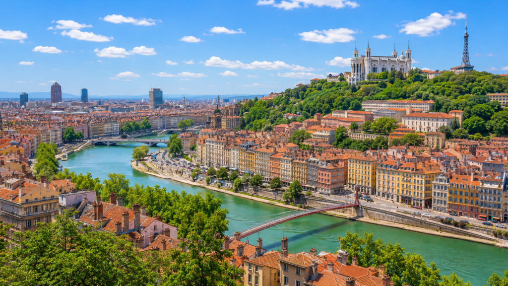 Panoramic view of Lyon and Fourvière Basilica in France