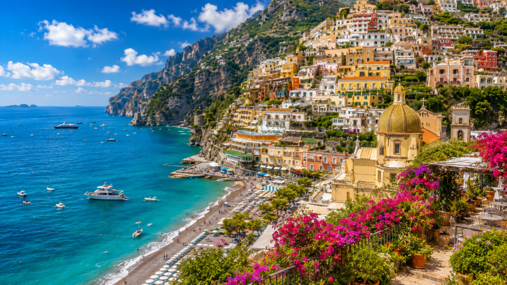 Amalfi Coast with colorful Positano overlooking the Mediterranean Sea in Italy