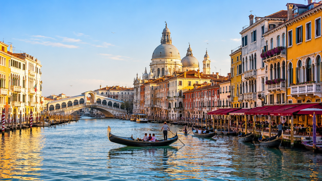 Grand Canal and historic gondolas in Venice, Italy