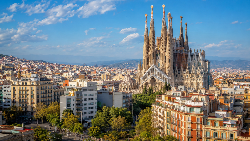Sagrada Família rising above the Barcelona cityscape in Spain