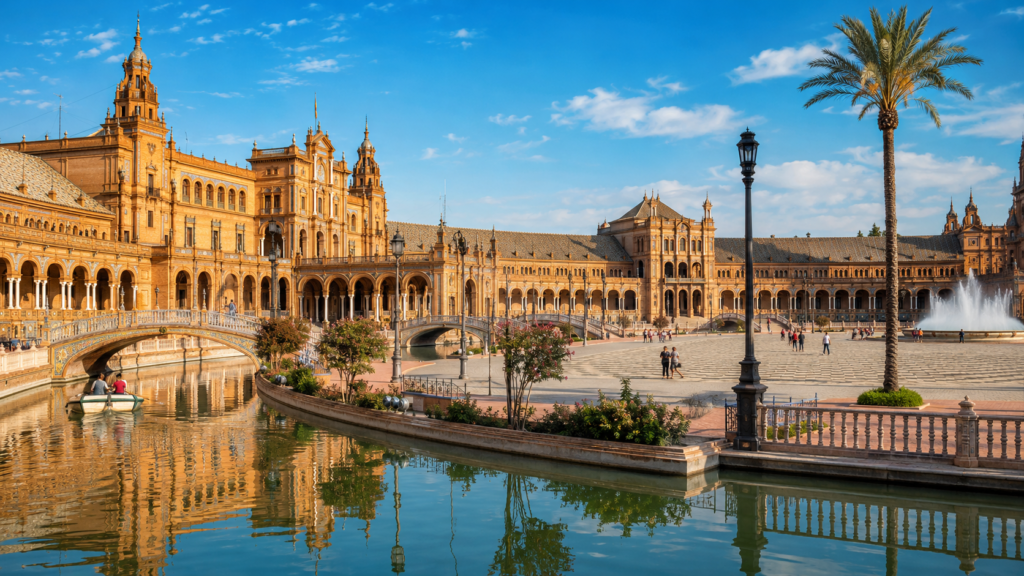 Plaza de España with its canal and ornate architecture in Seville, Spain