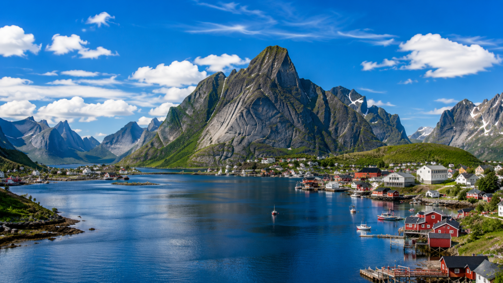 Colorful fishing village and dramatic mountain scenery in the Lofoten Islands, Norway