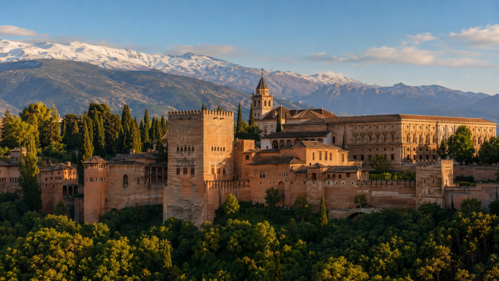 Alhambra palace overlooking Granada with the Sierra Nevada mountains in Spain