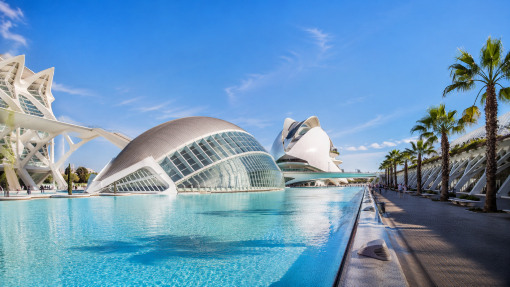 City of Arts and Sciences reflected in turquoise pools in Valencia, Spain