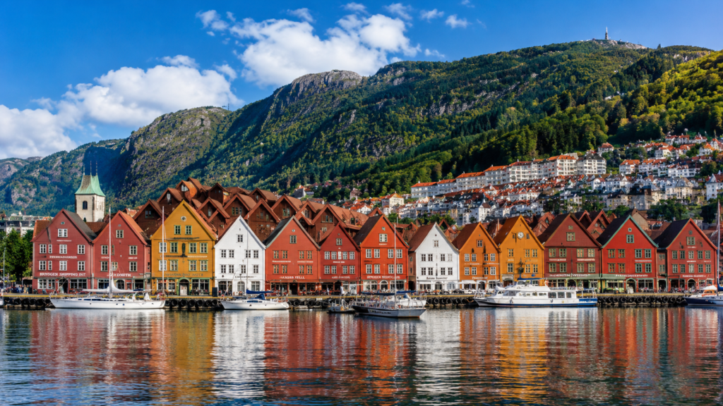 Historic Bryggen waterfront with colorful wooden houses in Bergen, Norway
