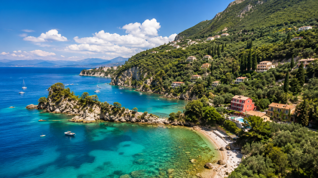 Turquoise Ionian Sea and lush green coastline of Corfu, Greece
