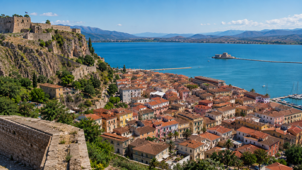 Historic Nafplio and the blue Argolic Gulf in the Peloponnese, Greece