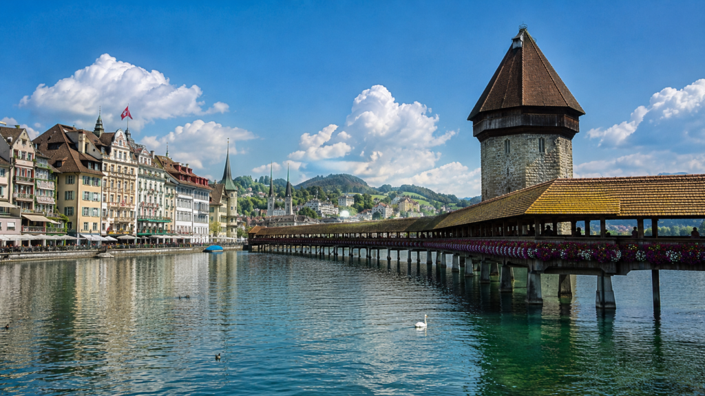 Historic Chapel Bridge and waterfront architecture in Lucerne, Switzerland
