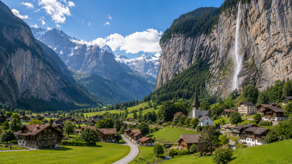 Staubbach Falls and traditional chalets in Lauterbrunnen Valley, Switzerland
