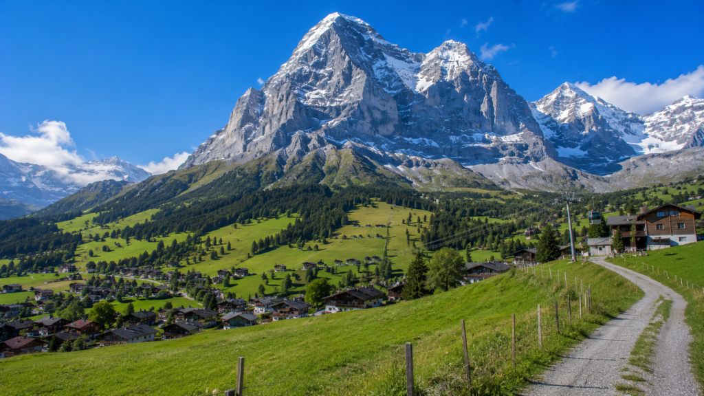 Grindelwald village beneath the dramatic Eiger mountain in Switzerland

