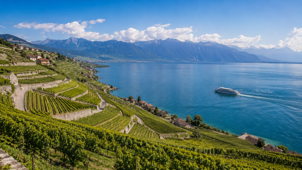 Lavaux vineyards overlooking Lake Geneva and the Swiss Alps
