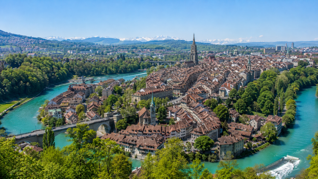 Historic Bern Old Town surrounded by the turquoise Aare River
