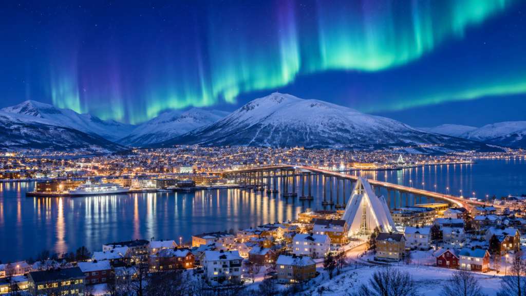 Northern Lights illuminating Tromsø and the Arctic Cathedral during winter in Norway