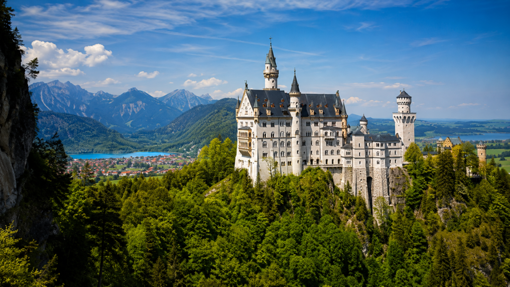 Neuschwanstein Castle surrounded by forests and the Bavarian Alps in Germany