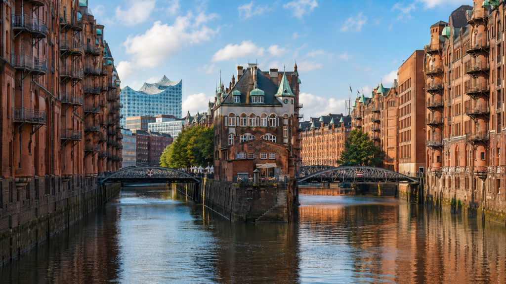 Historic red-brick warehouses and canals in Speicherstadt, Hamburg