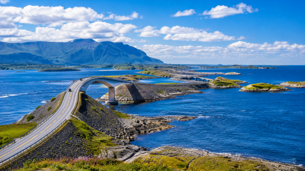 Atlantic Ocean Road winding across bridges over the Norwegian Sea in western Norway