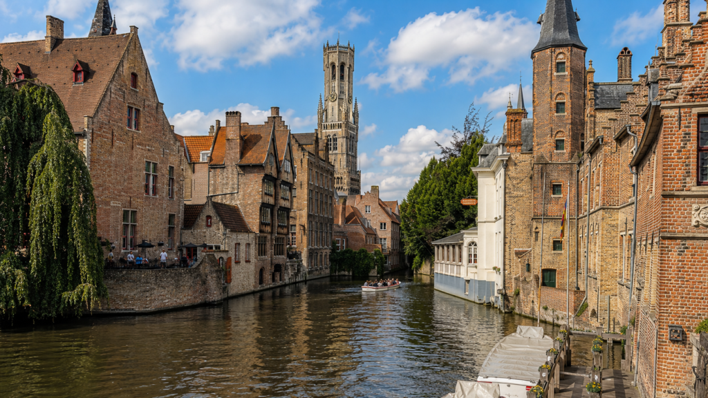 Historic canal and medieval Flemish architecture in Bruges, Belgium