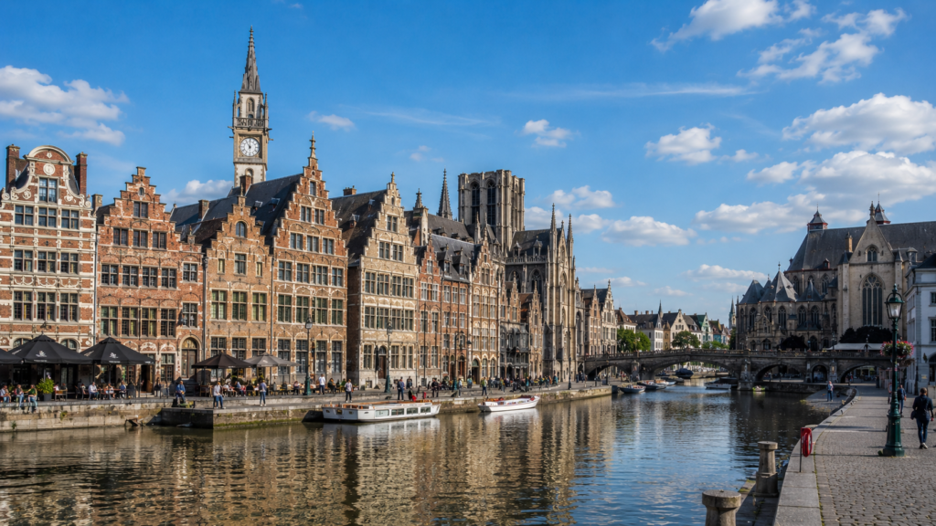 Medieval guild houses along the Graslei waterfront in Ghent, Belgium