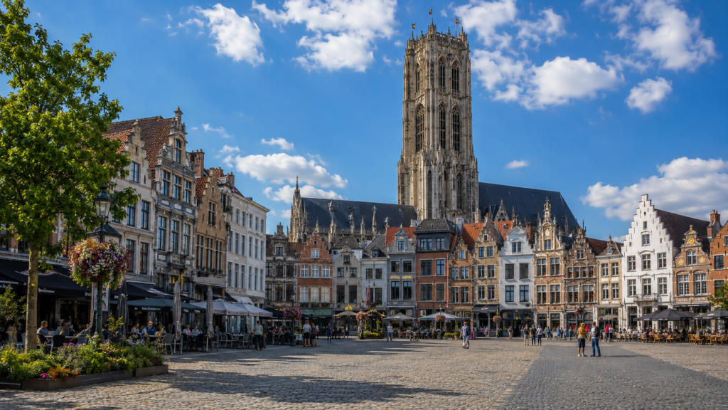 St. Rumbold’s Cathedral tower overlooking historic Mechelen, Belgium