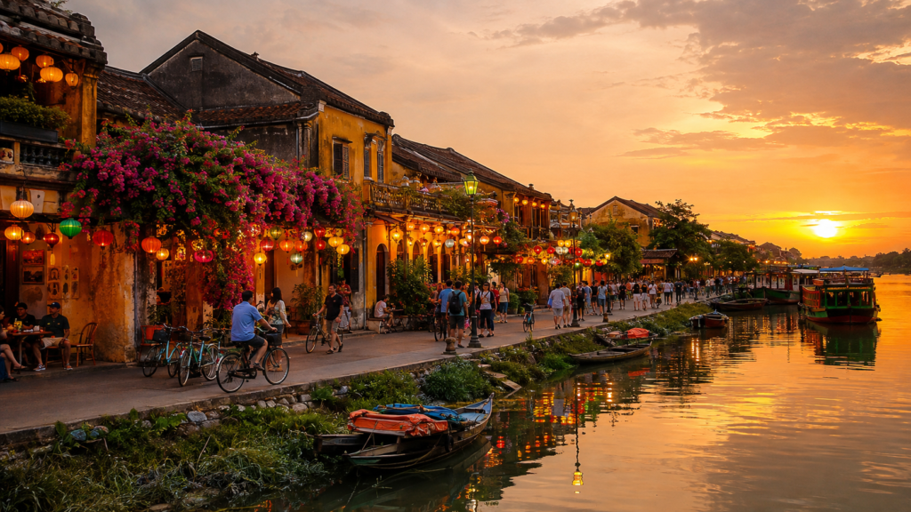 Hoi An Ancient Town illuminated by colorful lanterns at sunset
