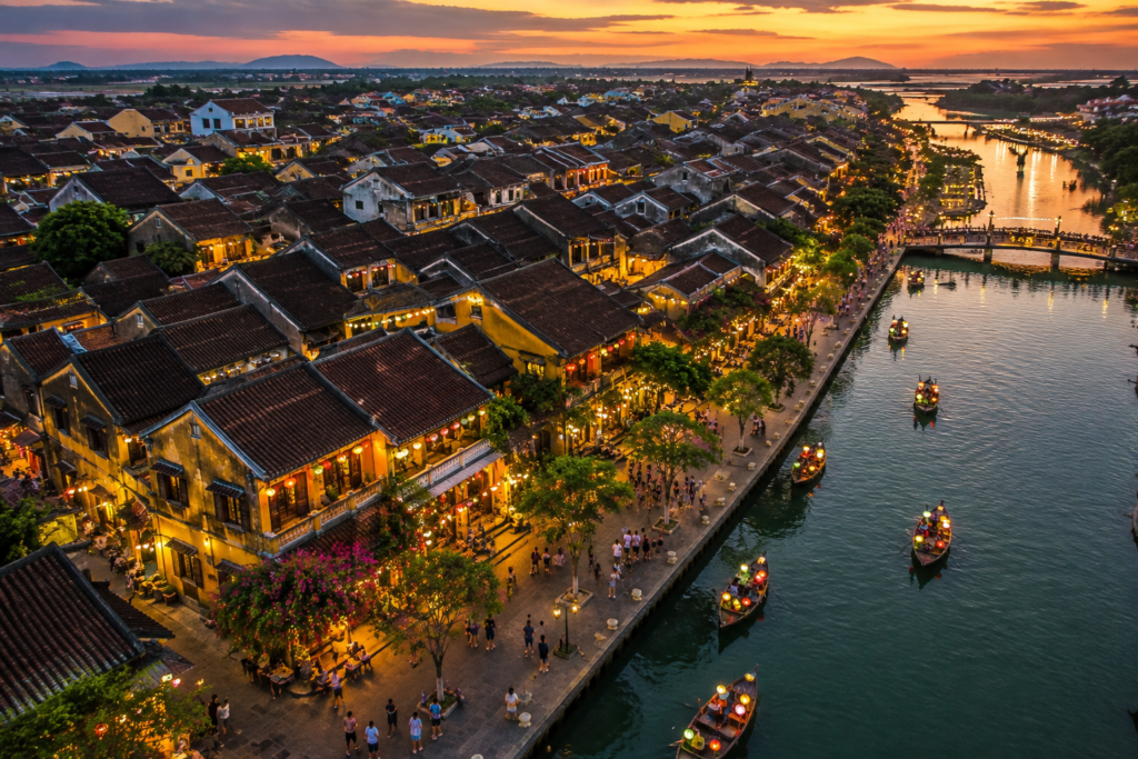 Aerial view of Hoi An Ancient Town at sunset, Vietnam