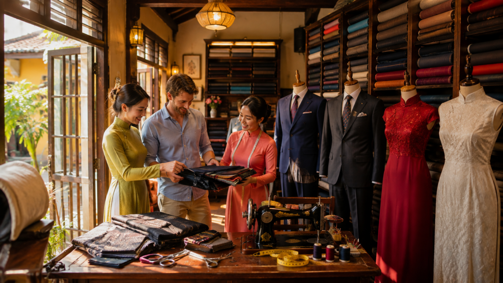 Traveler choosing fabrics inside a traditional tailor shop in Hoi An, Vietnam