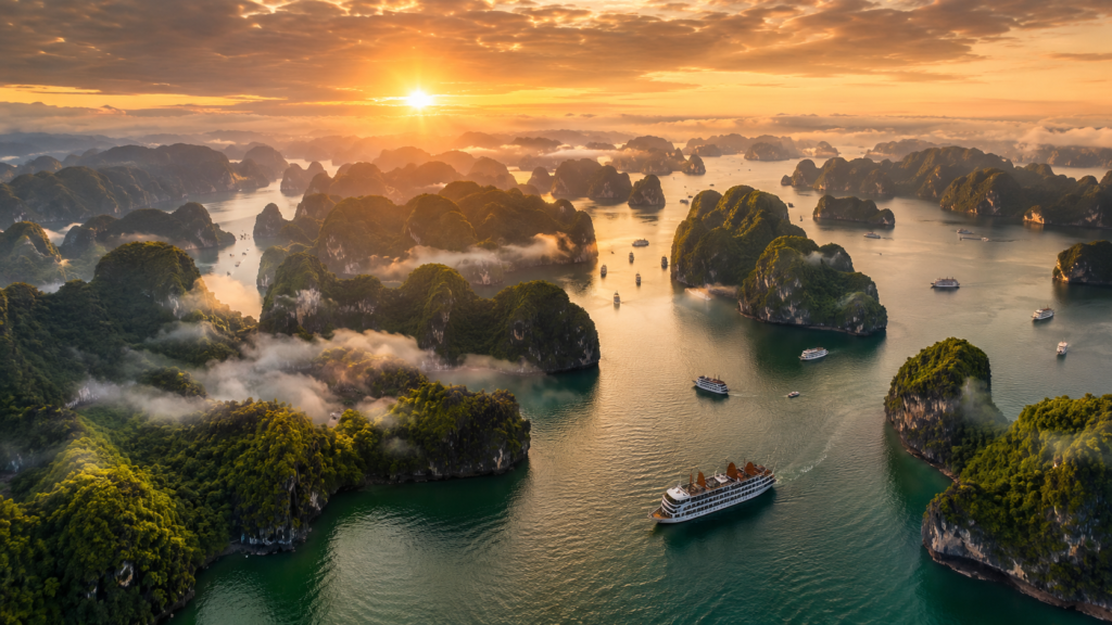 Aerial view of Ha Long Bay with limestone karst islands and cruise ships at sunrise