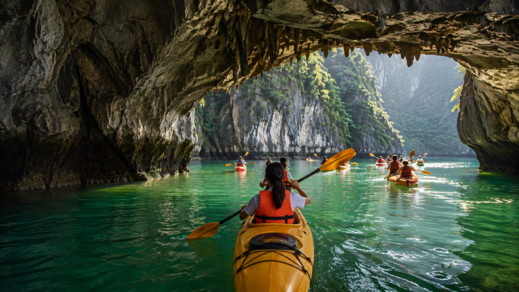 Travelers kayaking through Luon Cave surrounded by limestone cliffs in Ha Long Bay