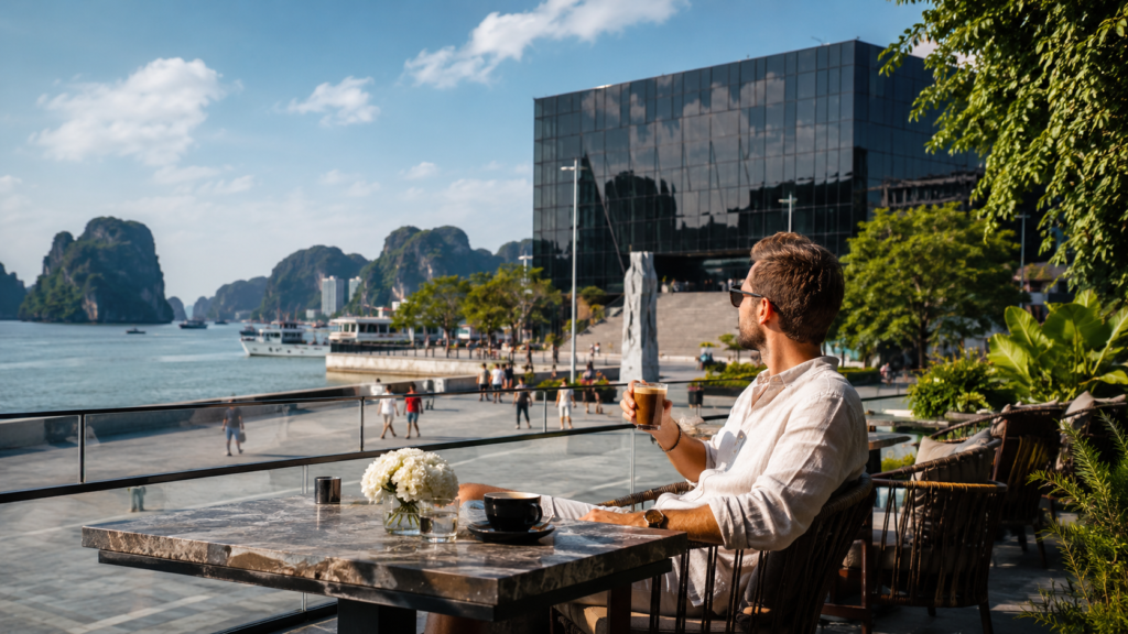Traveler enjoying Vietnamese coffee near Quang Ninh Museum in Ha Long City