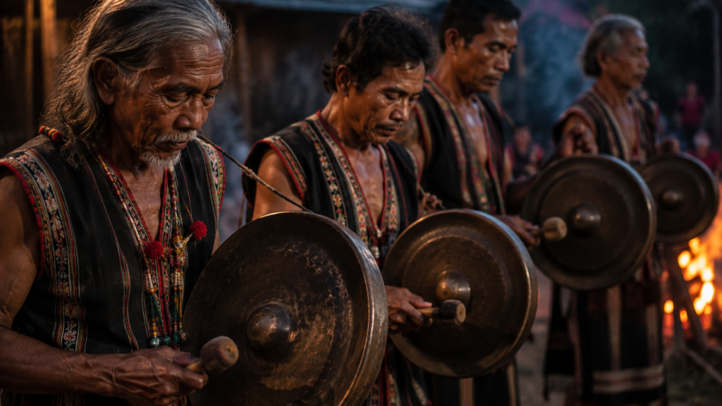 Traditional gong musicians performing in Vietnam's Central Highlands