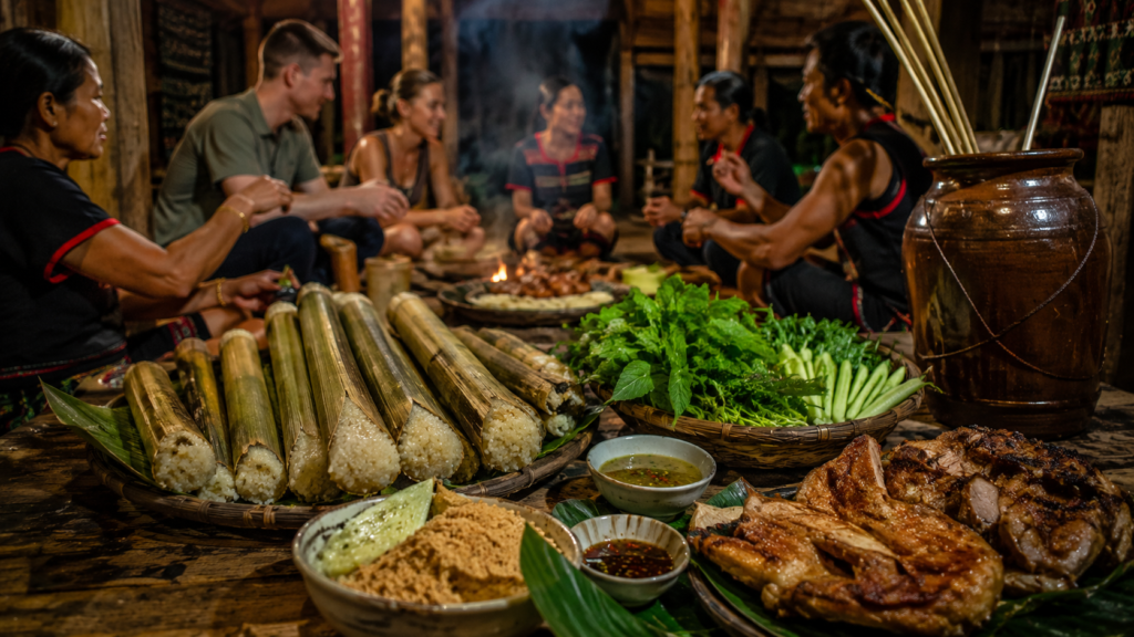 Traditional bamboo rice and grilled chicken served in Vietnam's Central Highlands