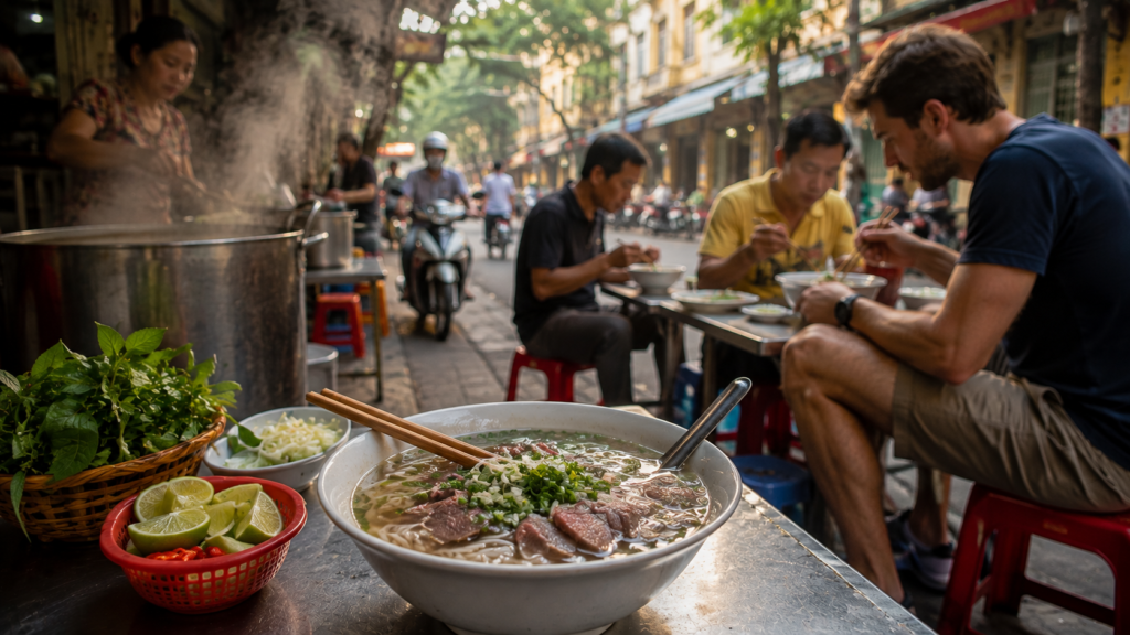 Traditional beef pho served for breakfast at a local restaurant in Hanoi