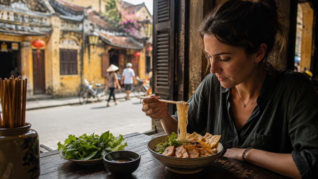 Traditional cao lau noodles served at a local restaurant in Hoi An