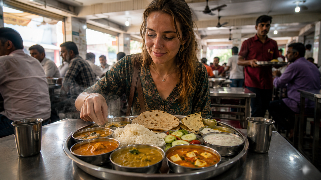 International traveler boarding a train at a busy railway station in India