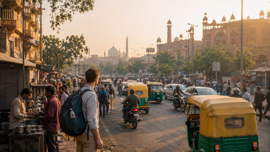 First-time international traveler exploring a busy street in New Delhi, India
