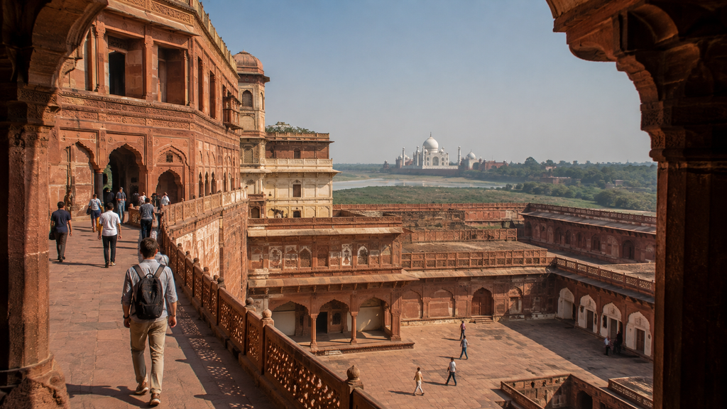 Historic red sandstone courtyards and Mughal architecture inside Agra Fort
