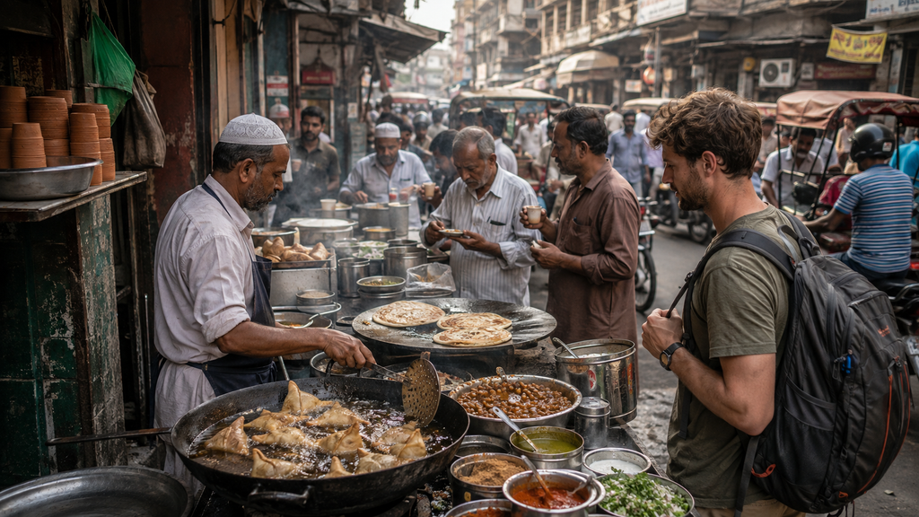 Street food vendor preparing samosas and parathas in Chandni Chowk, Old Delhi