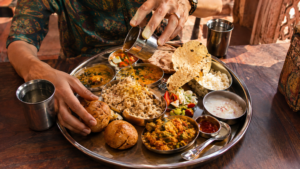 Traditional Rajasthani thali with dal baati churma and regional dishes in Jaipur