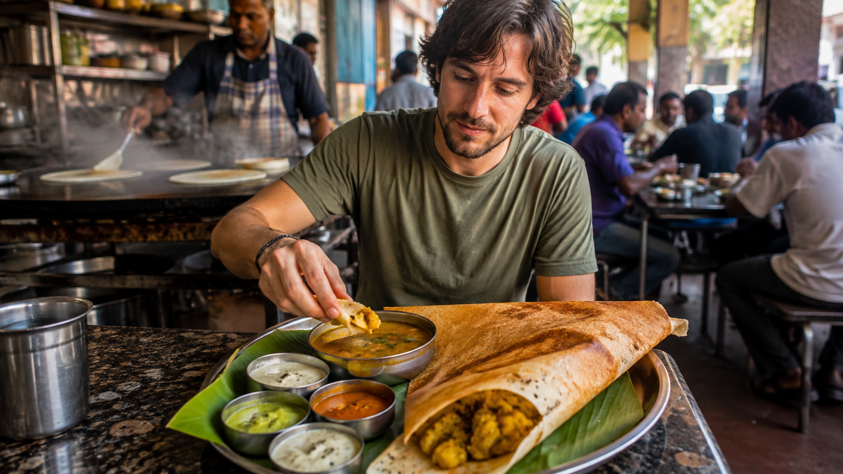 Freshly cooked Hyderabadi biryani being served from a traditional metal handi