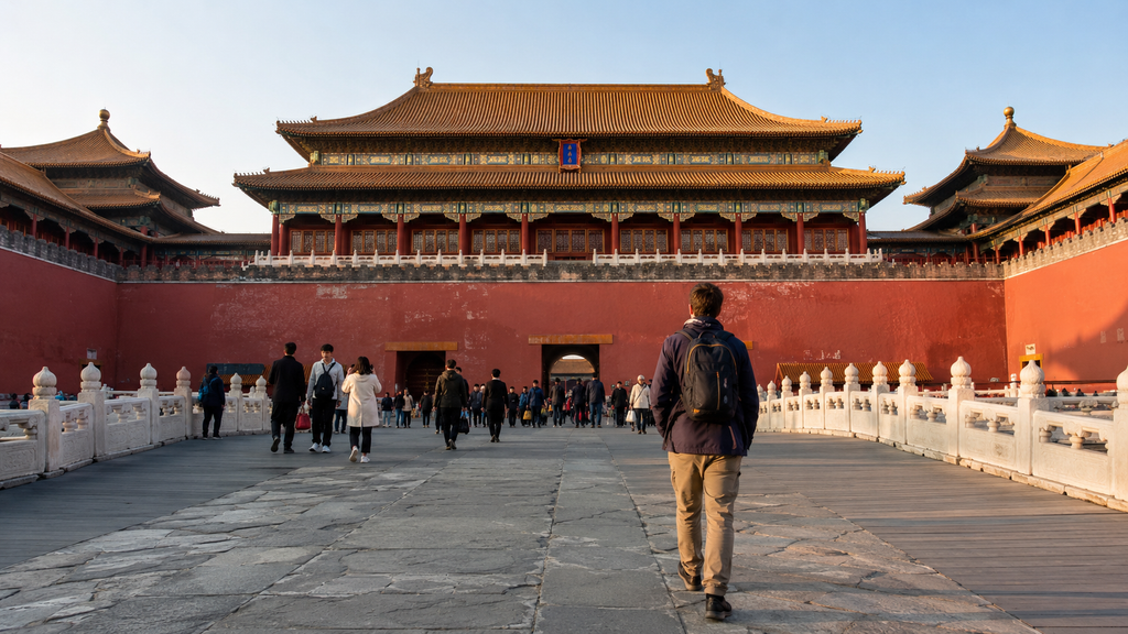 Visitors entering the Forbidden City through the historic Meridian Gate in Beijing