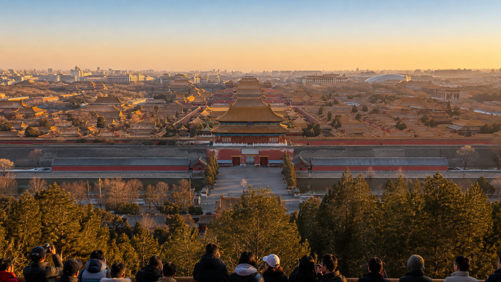 Historic Chinese imperial hall with decorated columns, carved details and royal furnishings in the Forbidden City