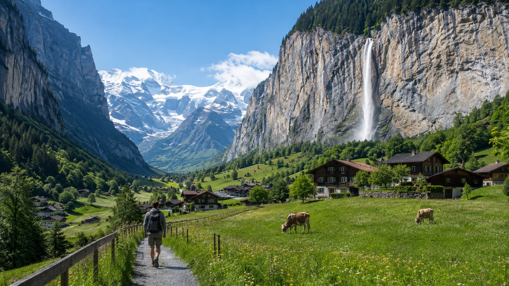 Lauterbrunnen Valley with Staubbach Falls, Swiss chalets and surrounding Alpine mountains