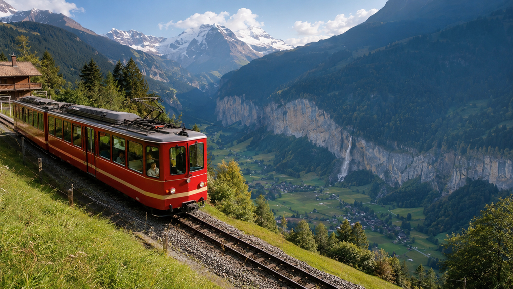 Swiss mountain train climbing above Lauterbrunnen Valley on the railway to Wengen