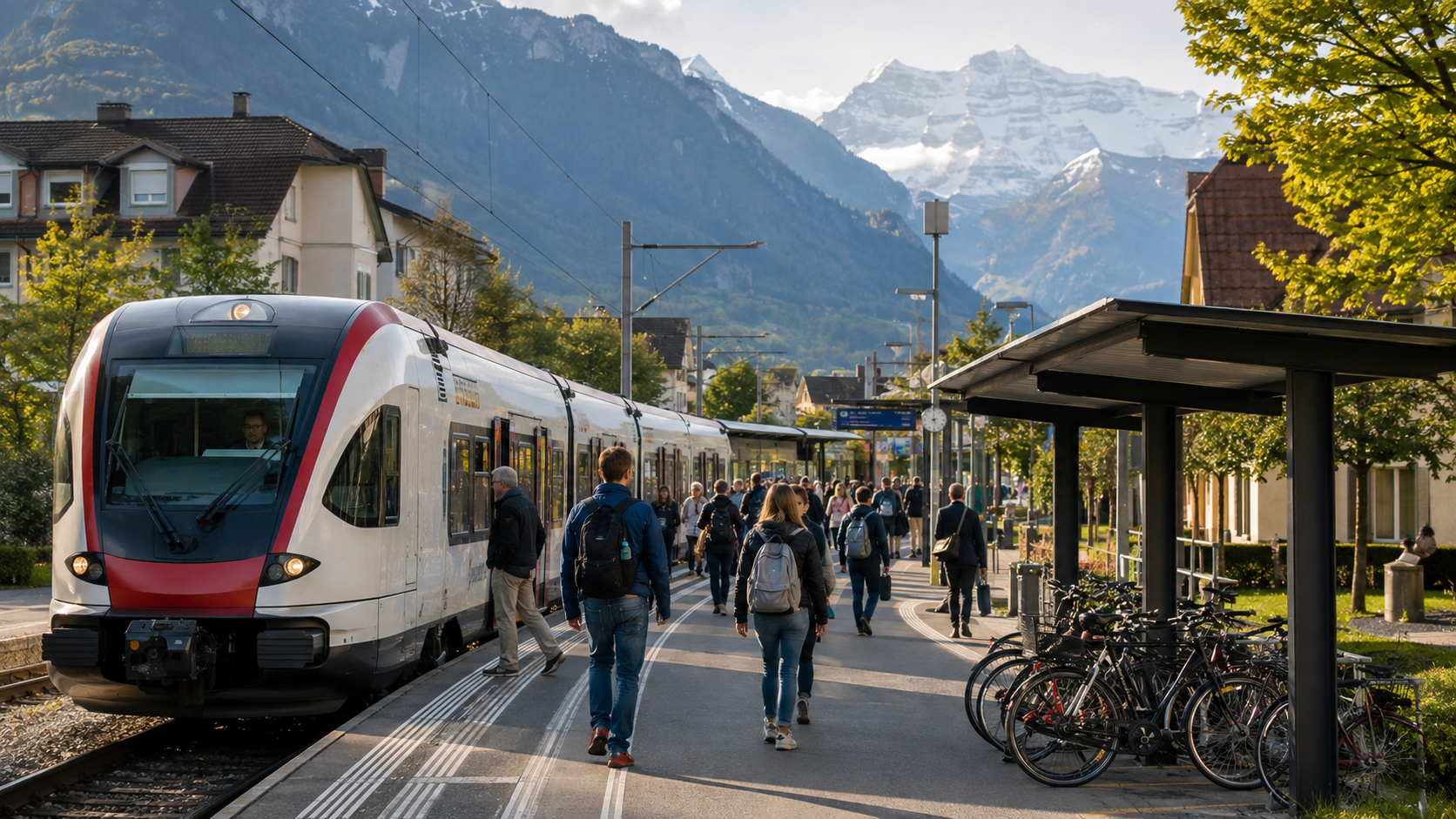Swiss commuters boarding a train at a clean railway station during the morning commute