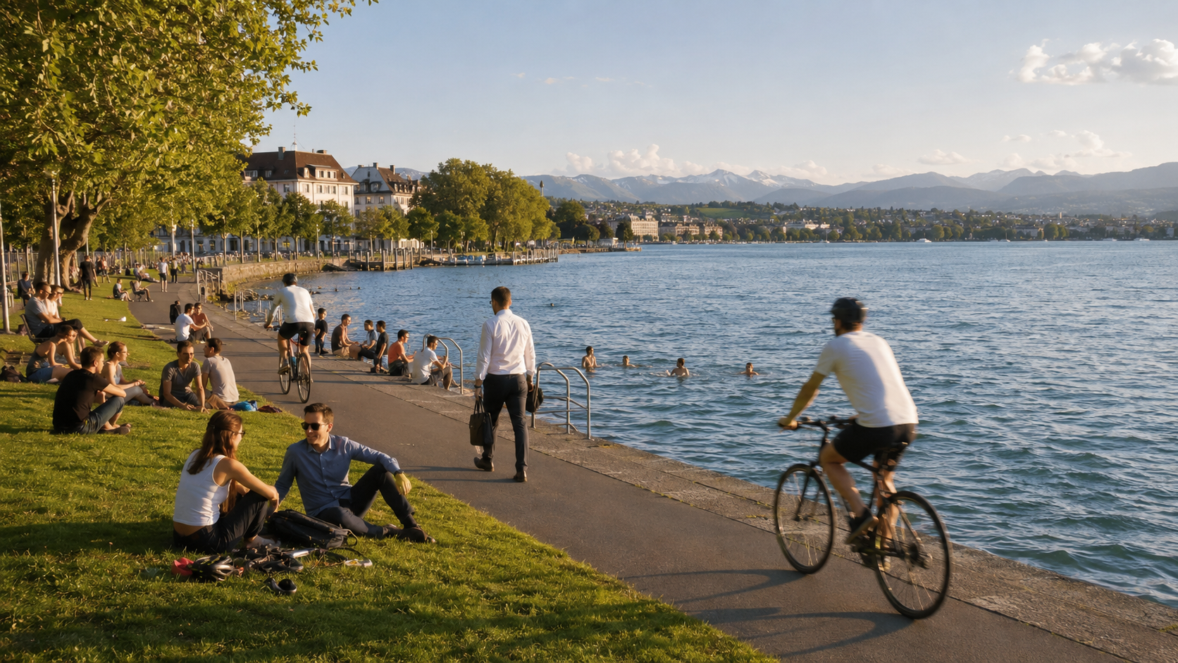 Local residents relaxing and swimming beside Lake Zurich after work on a summer evening