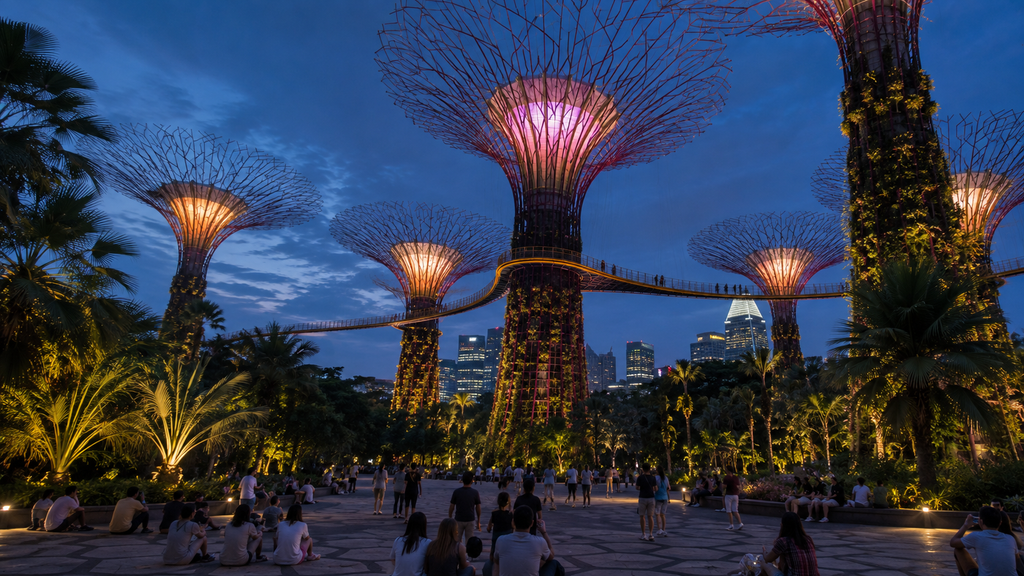 Supertree Grove illuminated at Gardens by the Bay in Singapore during the evening