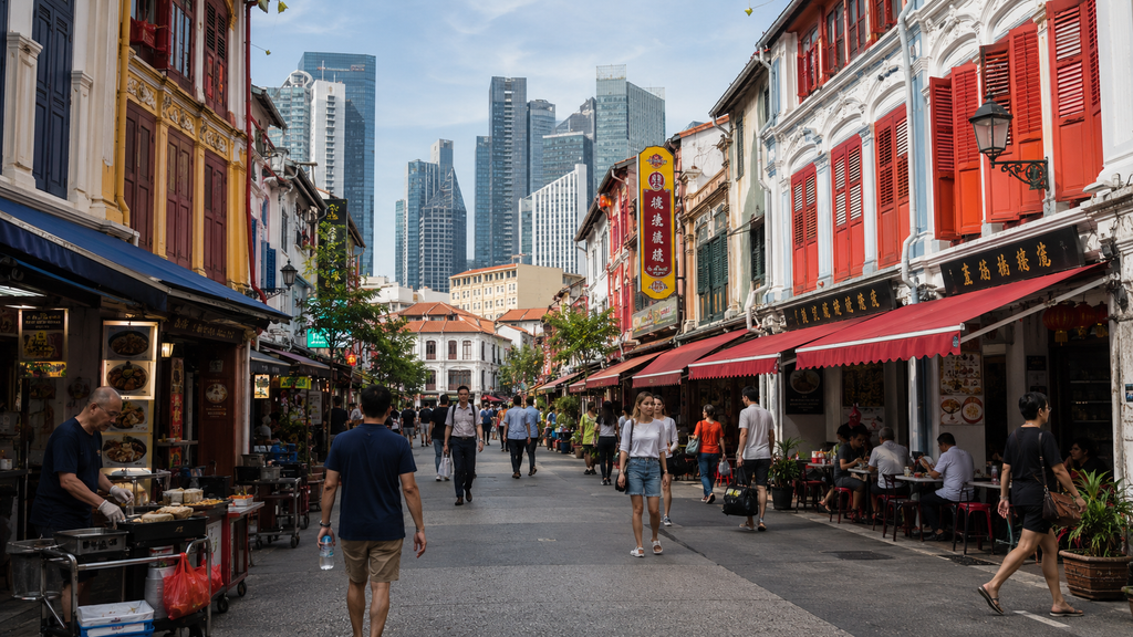 Colorful historic shophouses and everyday street life in Singapore Chinatown