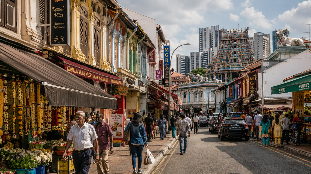 Colorful shophouses, local businesses and street life in Little India Singapore