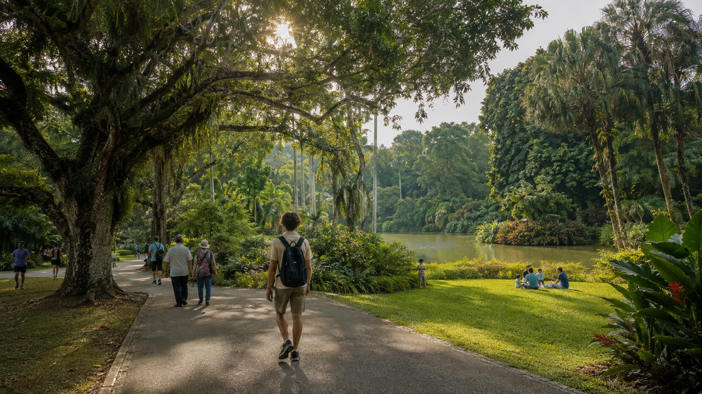 Local residents walking through the lush tropical landscape of Singapore Botanic Gardens