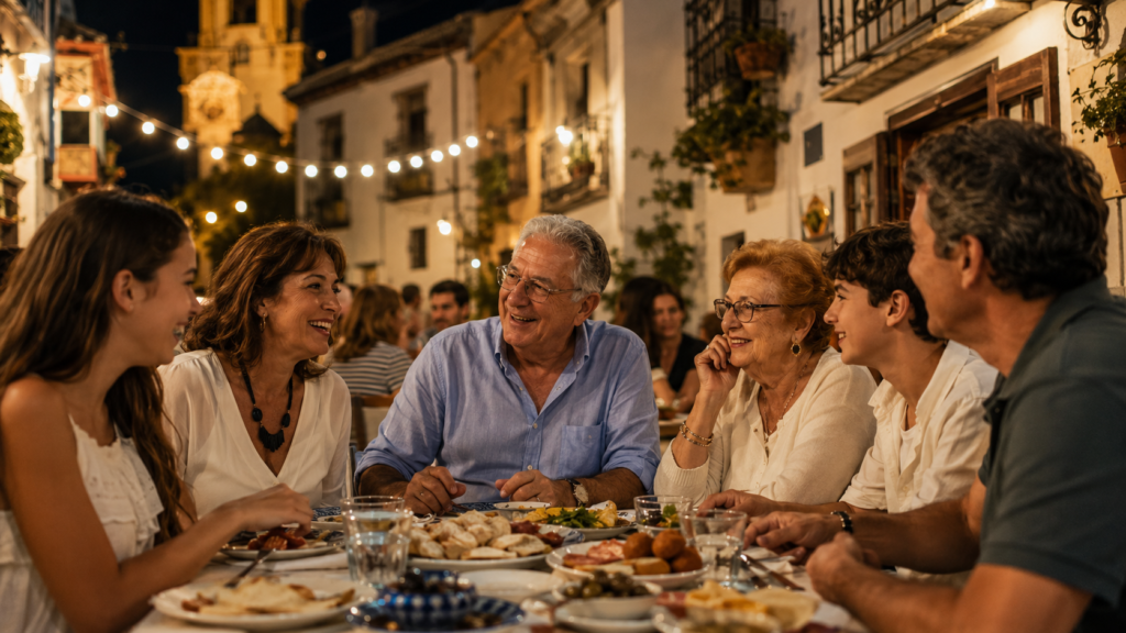 Spanish family enjoying dinner together at an outdoor restaurant